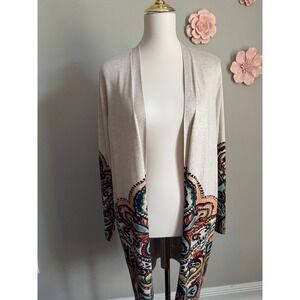 Chicos Beige Paisley Print Long Sleeve Open Front Duster Cardigan Sweater Size L